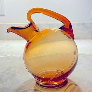 Art Deco Blown Glass Pitcher Vintage Decanter Tilt Ball Style Applied Handle EUC